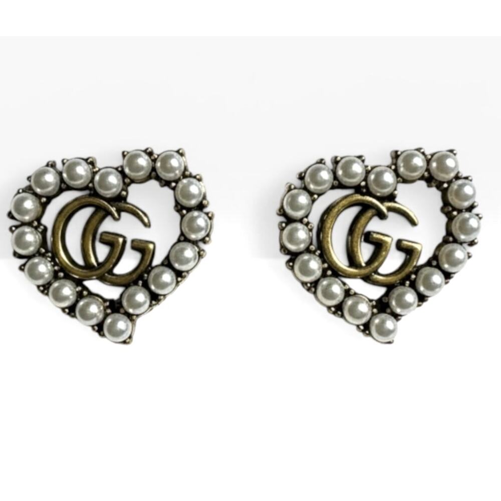 Gucci Heart Pearl Double G Vintage Gold Earrings w/Box and Dust bag (GGXX008)